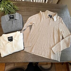 Hollister Mens L Textured Knit Quarter Zip Polo Sweater Long Sleeve Bundle of 3